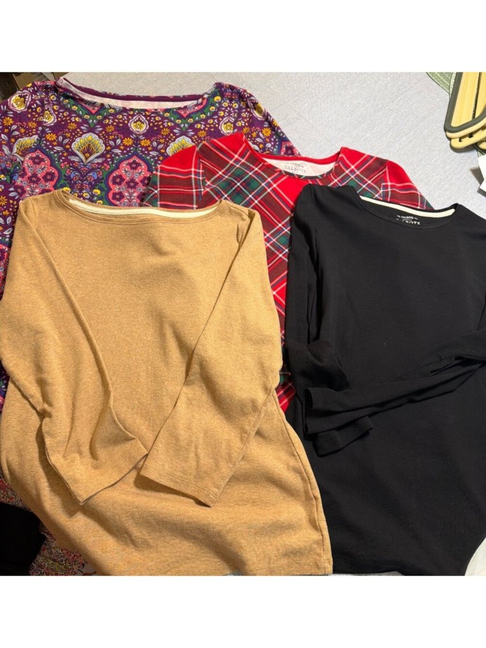 4 The Talbots Tee Shirts Black Floral Tan Green Red Plaid Sz MP Long Sleeves